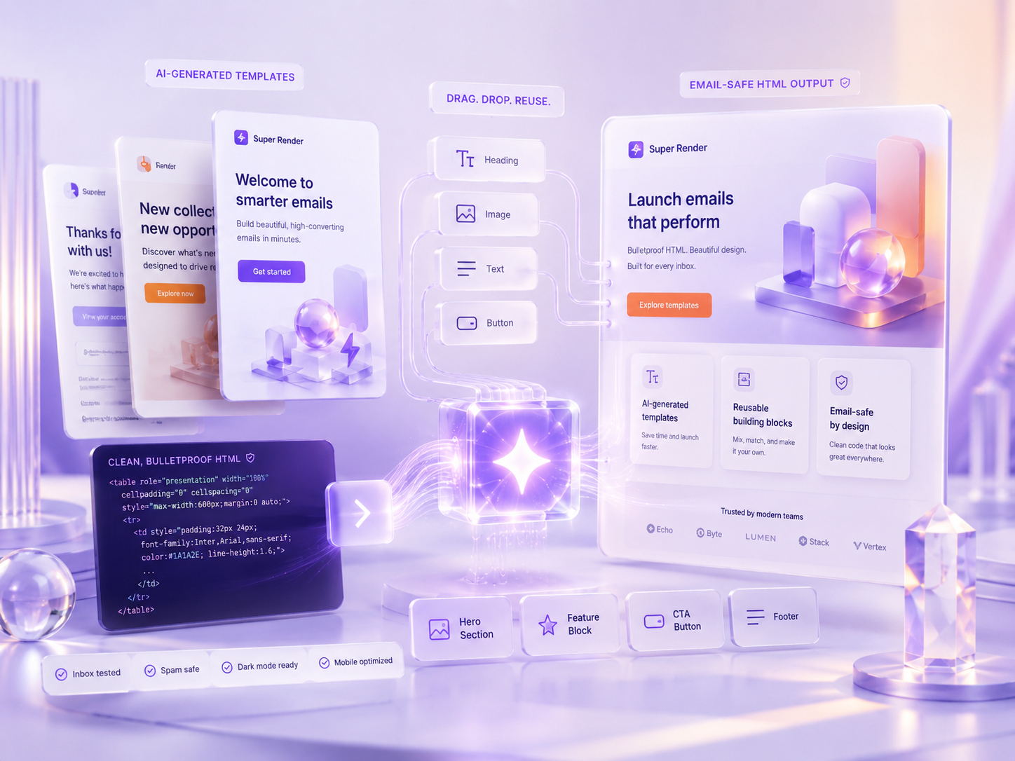 AI-generated templates by Super Render AI flowing into reusable email blocks and email-safe HTML output