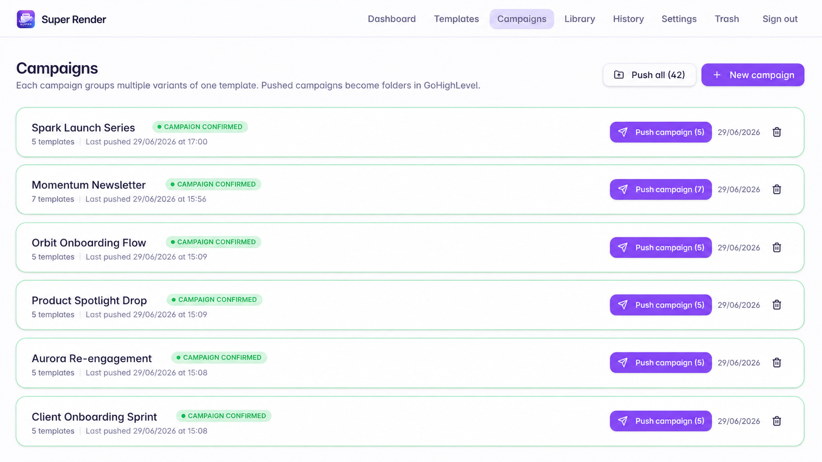 Super Render AI campaigns screen with push actions for grouped template sets