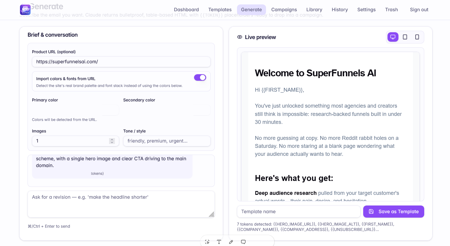Super Render AI HTML editor with detected tokens on the right panel