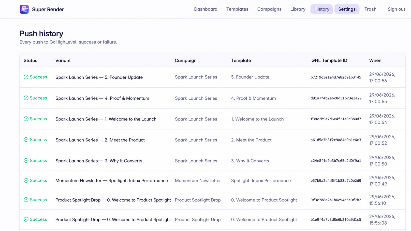 Super Render AI push history table with statuses, campaigns, and GHL template IDs