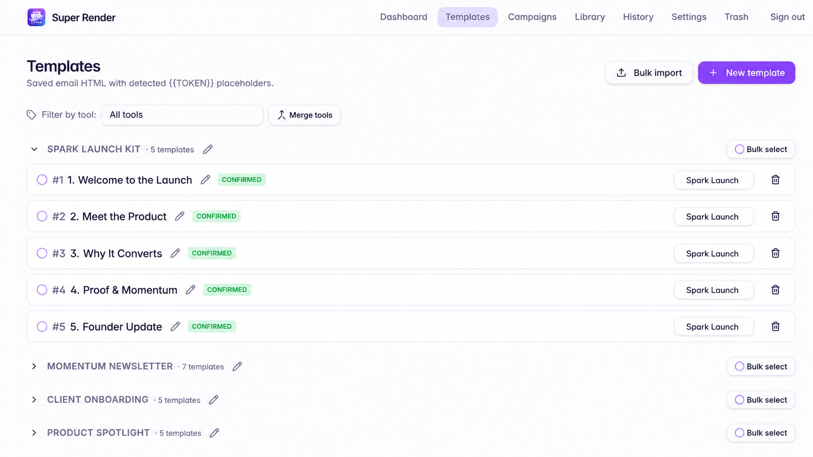 Super Render AI templates view showing reusable email templates and launch buttons